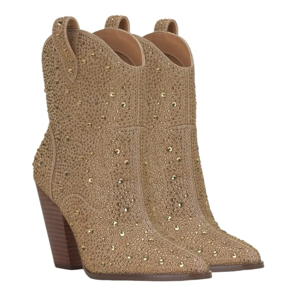 Jessica‎ Simpson Cissely Gold Rhinestone Glitter Western Ankle Boots Size 6M
